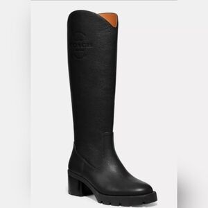 Coach Ciara Knee-High Leather Boots – Black – Women’s 7.5 – Logo Embossed – Luxe